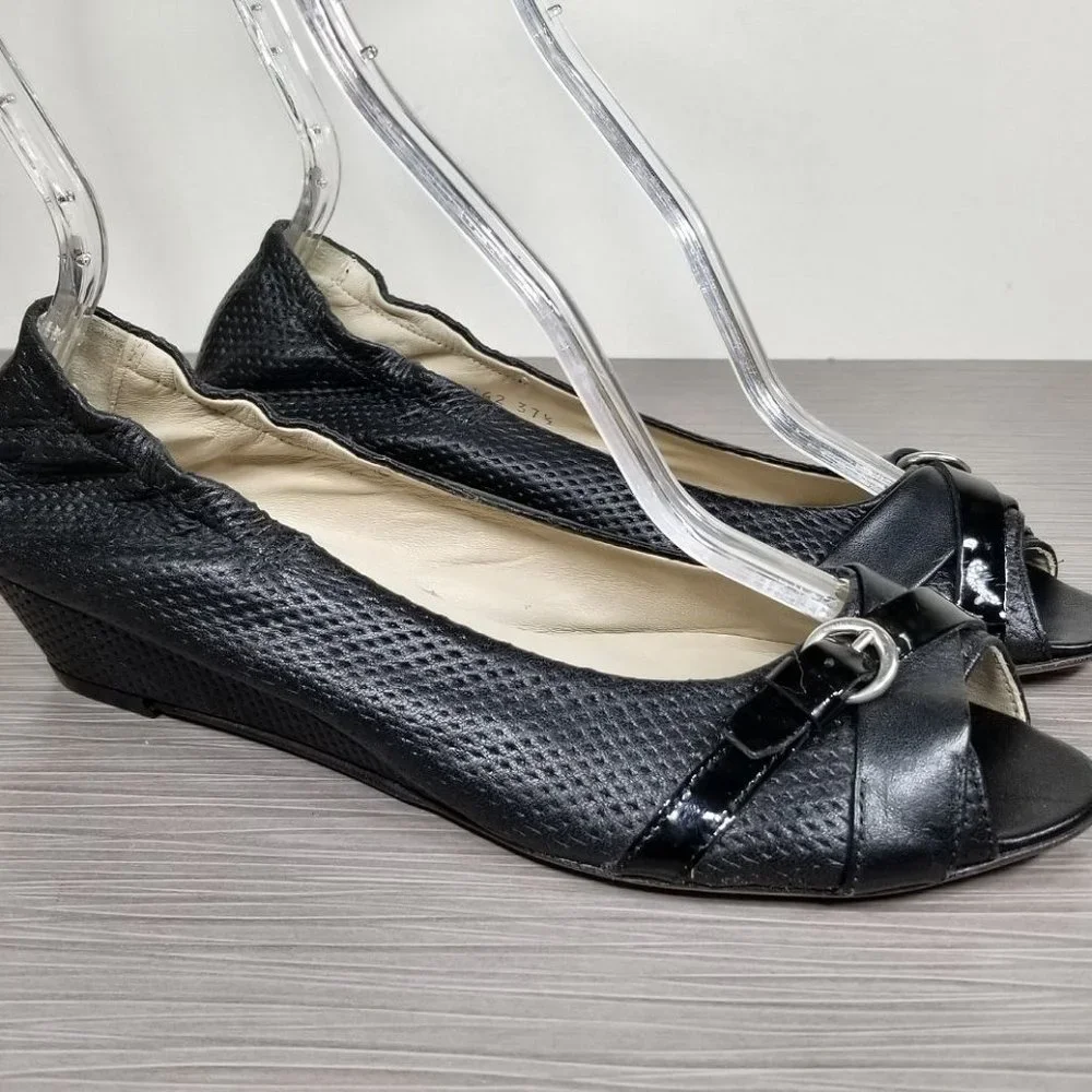 AGL Peep Toe Wedge Pump, Black Perforated Leather, Womens Size 7.5 US / 37.5 - Picture 3 of 12